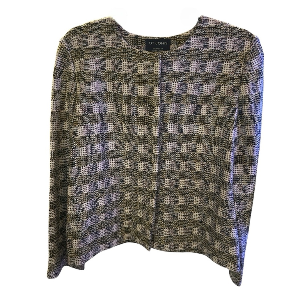 St. John Collection Tweed Knit Jacket Black White Gold Check Size 6